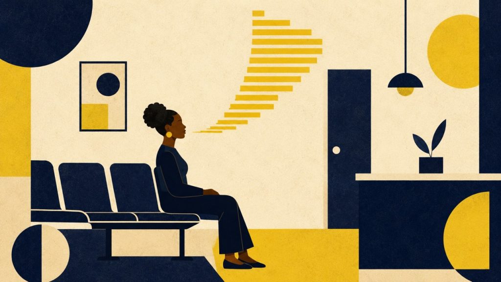 A patient sits in a medical waiting room with words flowing from her toward a consultation room door